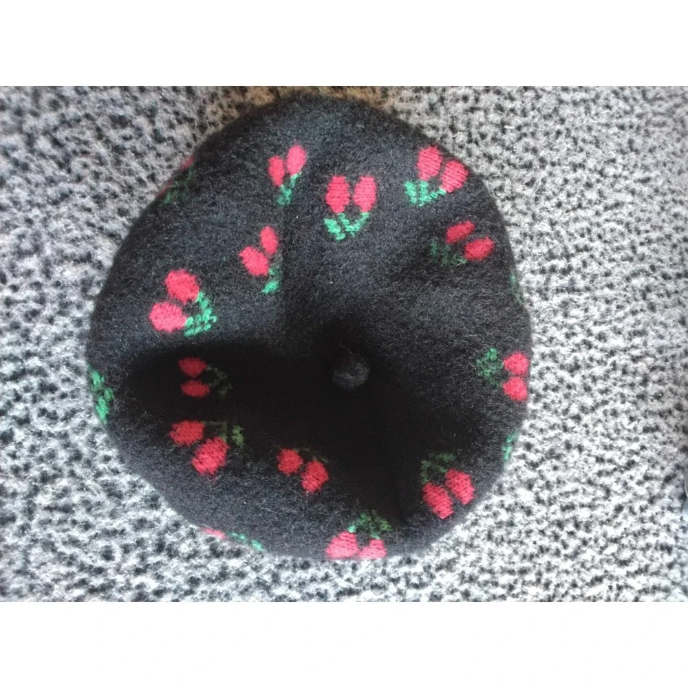 Vintage Black Knit Cherry Beret Hat Red Fruit Pattern Wool Blend French Cap